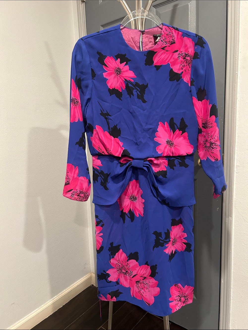 Vintage Cobalt Blue Long Sleeve Dress with Hot Pink Floral print